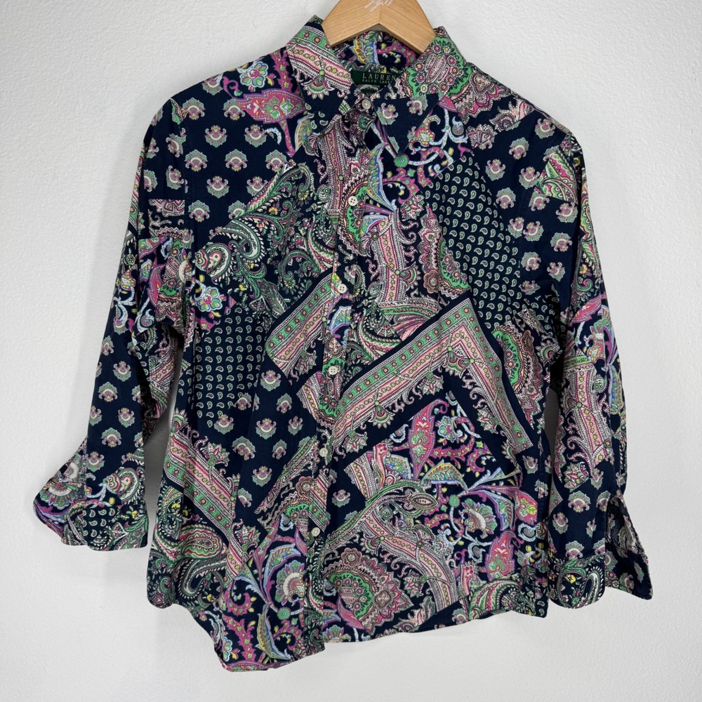 Ralph Lauren Womens Navy Patchwork Button Top Paisley Cotton Large Dark Academia